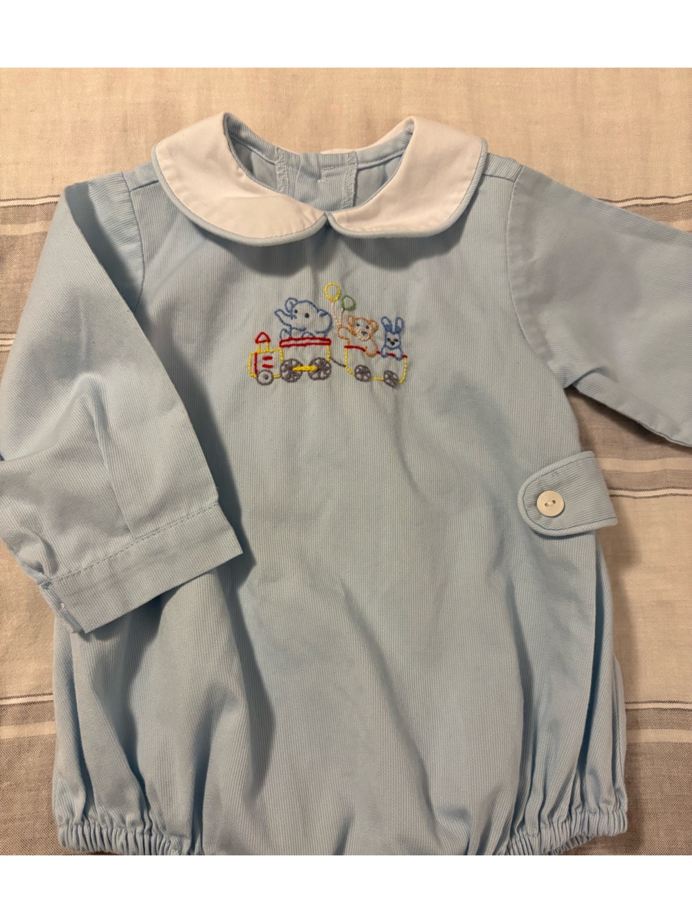 Baby Son 3M Blue Long Sleeve Bubble Romper with Train Embroidery